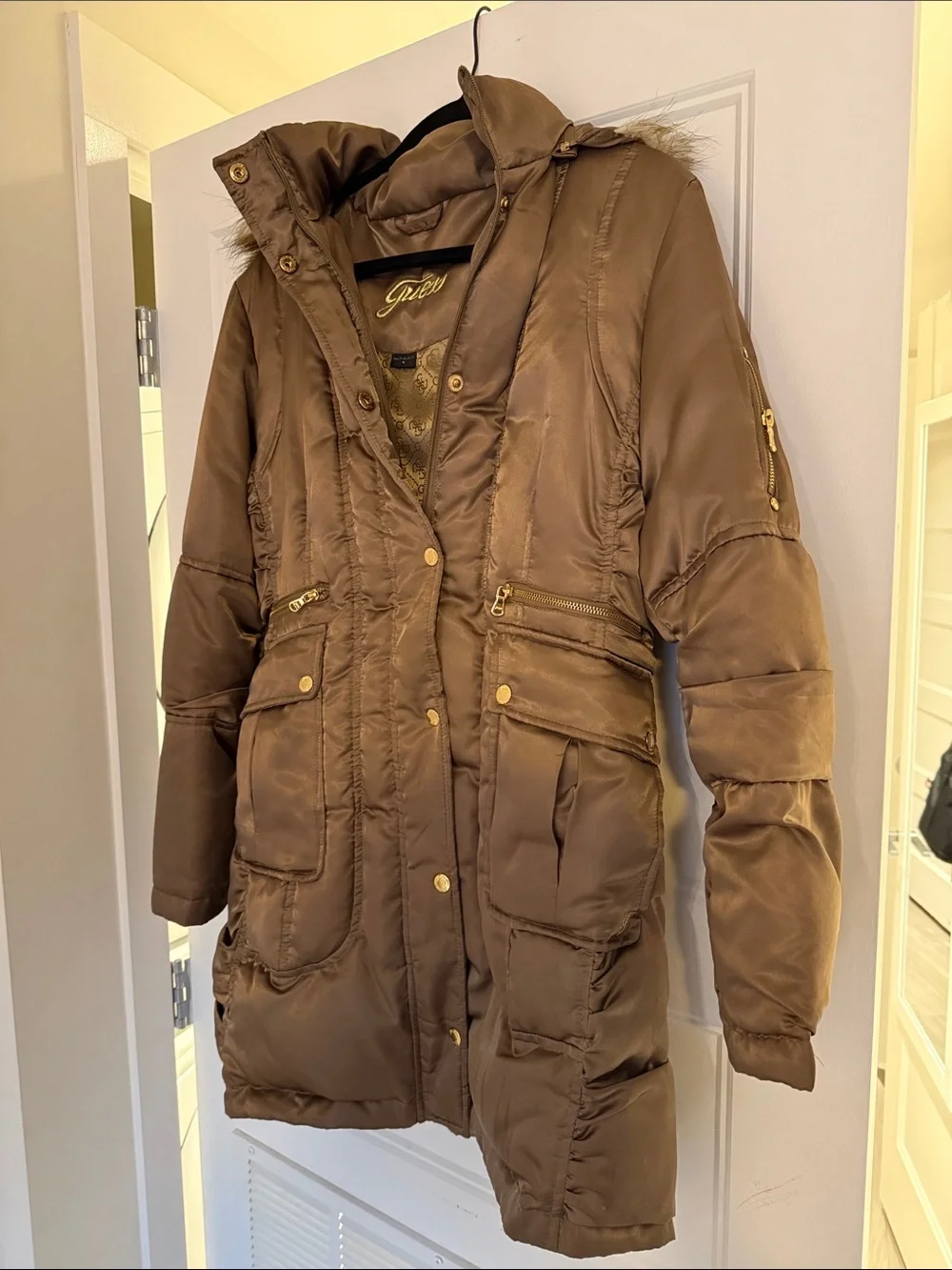Guess Brown Quilted Puffer Parka with Faux-Fur Trim Hood - Picture 8 of 8